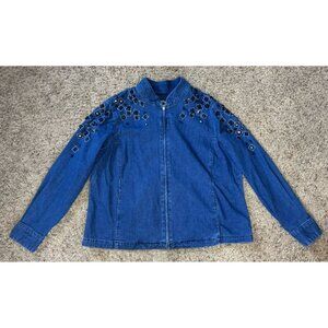 BOB MACKIE Blue Denim Full Zip Jacket Top Beaded Rhinestone Artsy Pockets LARGE